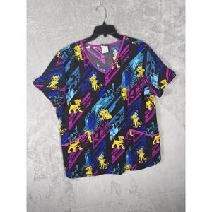 Disney Lion King Shirt Womens XL Black V Neck Scrub Top Simba Graphic Nurse